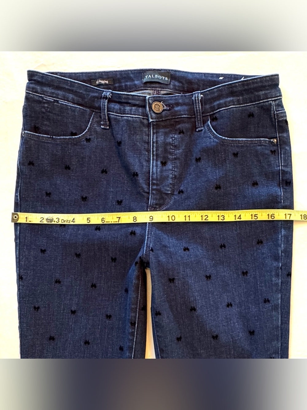 TALBOTS JEGGINGS - DARK DENIM WASH FLOCKED BOWS ZIPPER CLOSURE ANKLE LENGTH (6) - Picture 8 of 16